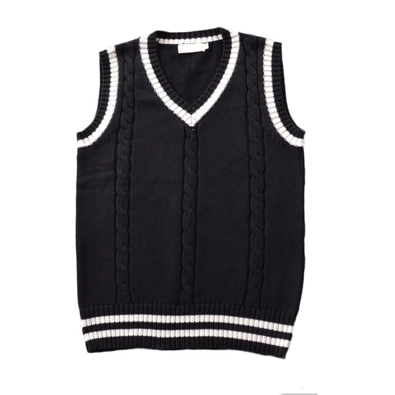 Men Women Knitted Cotton V-Neck Vest JK Uniform Pullover Sleeveless Sweater School Cardigan Black
